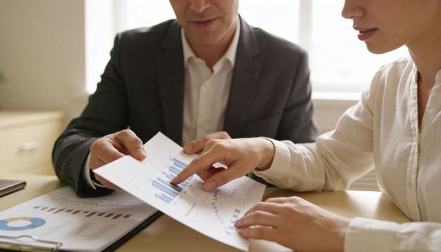 Business colleagues analyzing bar chart and financial data during office meeting