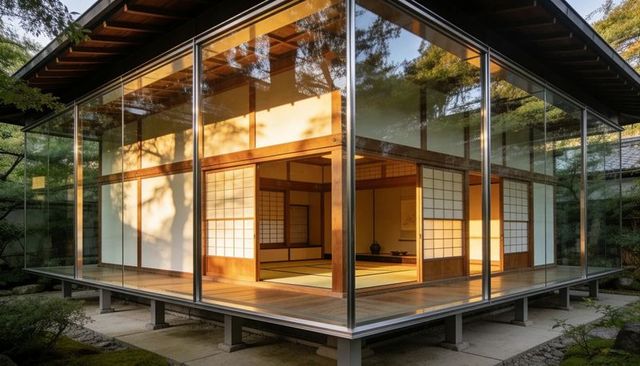 Sunlit glass pavilion revealing minimal tatami interior with shoji screens and veranda
