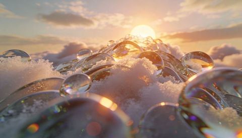 Golden-hour glass droplets on snowy surface with prism refraction and dreamy bokeh macro