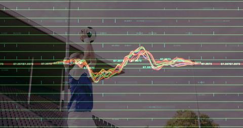 Agile Female Goalkeeper in Motion with Sports Analytics Overlay