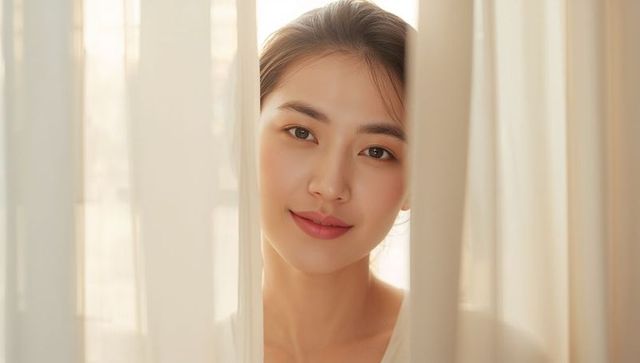 Smiling asian woman peeking through cream curtains in backlit serene closeup