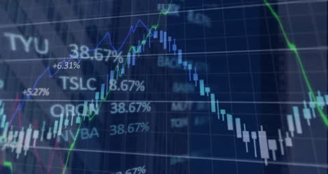 Digital Stock Market Trends Overlaid on Cityscape Background