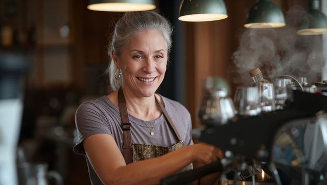 Senior Barista Smiling at Work in Cozy Coffee Shop