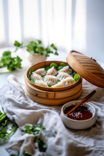 Close up of asian dumplings in bamboo steamer, created using generative ai technology. Fresh asian food concept digitally generated image.