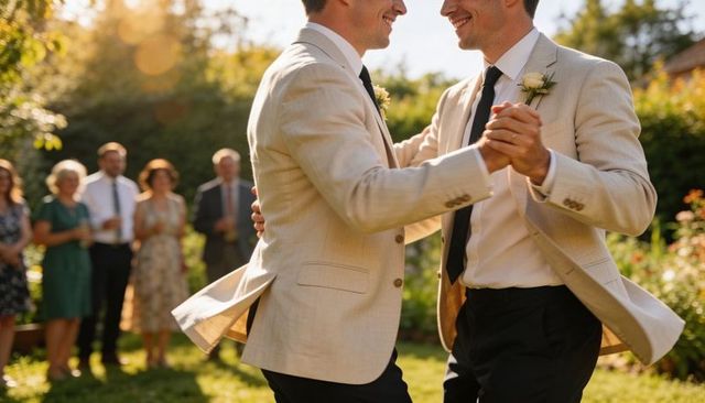 Grooms dancing in matching beige suits at sunlit outdoor wedding reception smiling