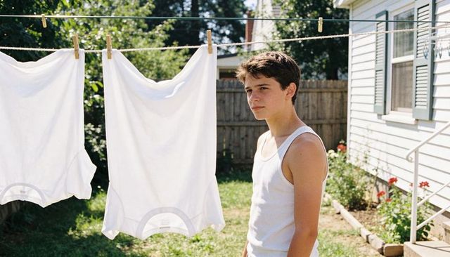 Teen standing by clothesline with white t-shirts in sunny suburban backyard