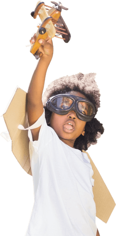 Transparent Boy Pretending to Fly Holding Wooden Airplane