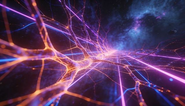 Streaming Neural Filaments Pulsating Magenta and Electric Blue Across Cosmic Network