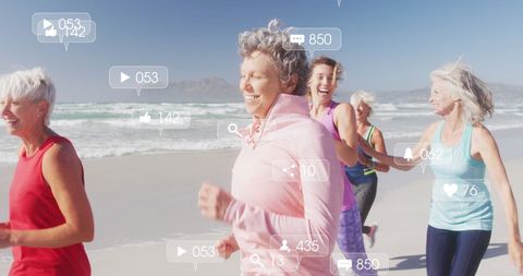 Senior Women Jogging on Beach with Social Media Overlay