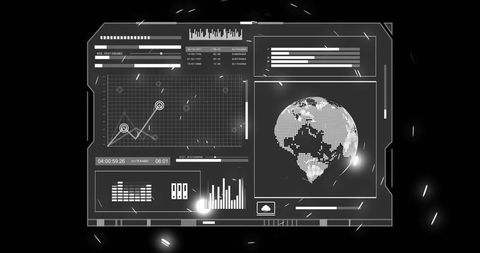Futuristic HUD analytics dashboard displaying globe telemetry graph waveform and timecode