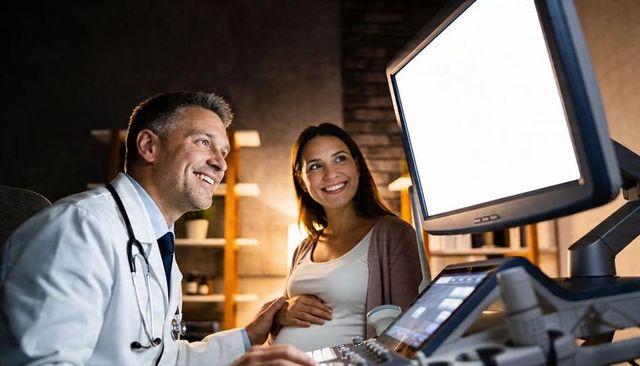 Smiling doctor performing prenatal ultrasound while pregnant woman holding belly watching monitor