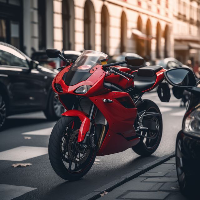 Red motorbike on city street, created using generative ai technology. Motorbike, travel and transport concept digitally generated image.