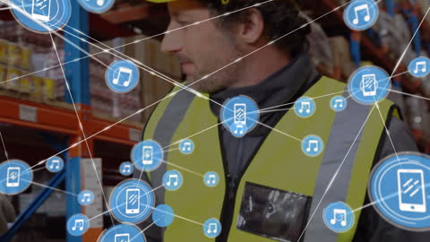 Worker in Warehouse Surrounded by Digital Connectivity Icons