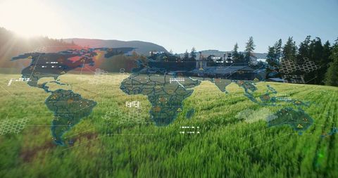 Holographic World Map Projection Over Sunlit Meadow