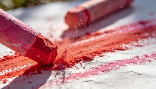 Macro pastel chalk releasing vibrant red-pink pigment dust on textured paper surface