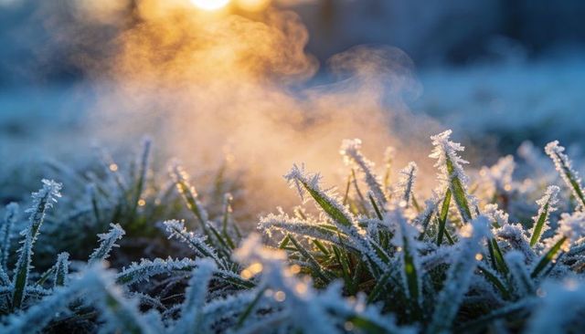 Frosted morning grass glistening in sunrise mist with golden bokeh and ice crystals