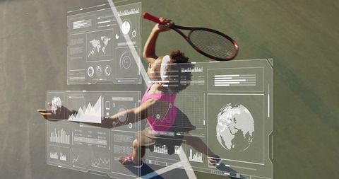 Dynamic Tennis Player Analyzing Data with Digital Analytics