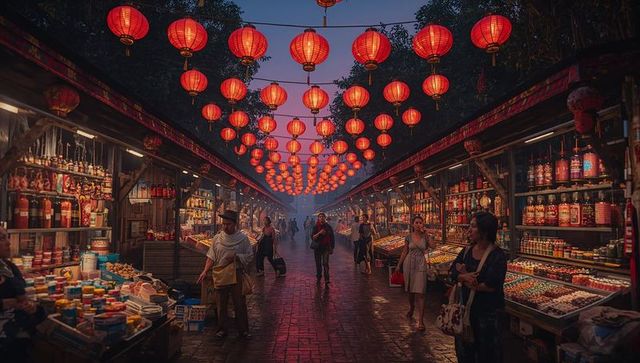 Vibrant night market with hanging red lanterns