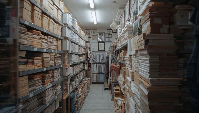 Narrow archive aisle lined with metal shelving and stacked books guiding eye to framed art
