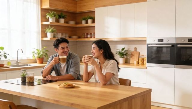 Sunlit modern kitchen couple sipping coffee at wooden island, asian pair chatting