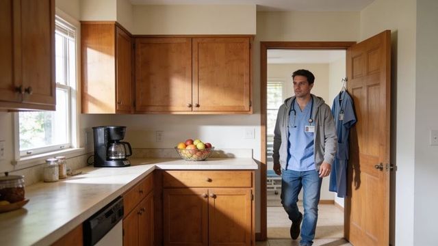 Clinician returning home in scrubs and hoodie entering sunlit kitchen with coffee and badge