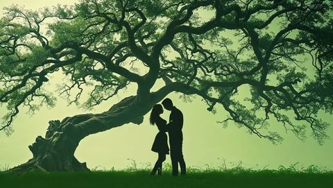 Silhouetted cute couple embracing under majestic tree