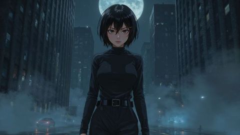 Mysterious female burglar figure on urban night streets with full moon fog