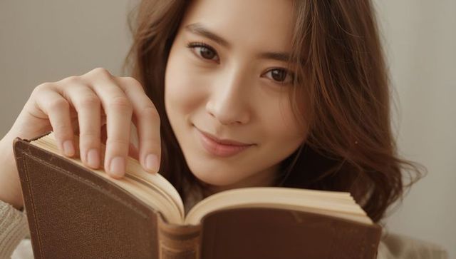 Asian woman holding brown hardcover book reading closeup cozy knit sweater warm light