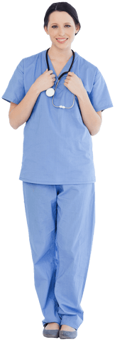 Transparent background of confident medical intern in blue scrubs