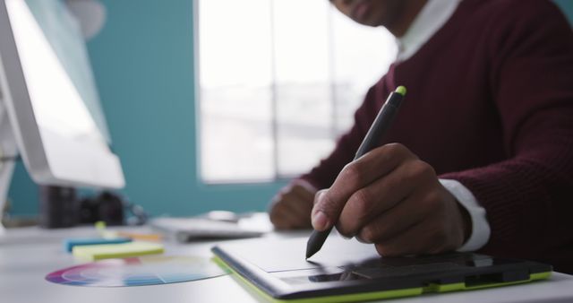 Designer Working on Graphics Tablet in Modern Office - Download Free Stock Images Pikwizard.com