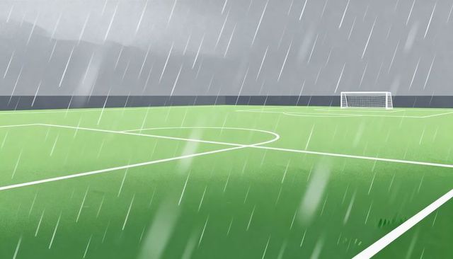 Empty soccer pitch receiving heavy rain with goalpost and overcast sky