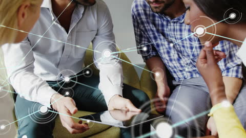 Team Collaborating with Digital Tablet and Networking Interface