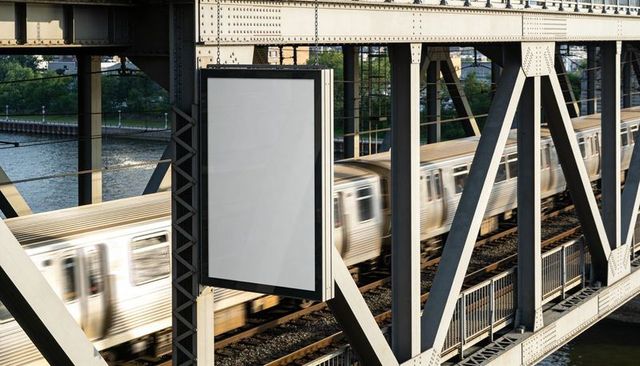 Blank vertical advertising panel on steel truss bridge with blurred commuter train motion