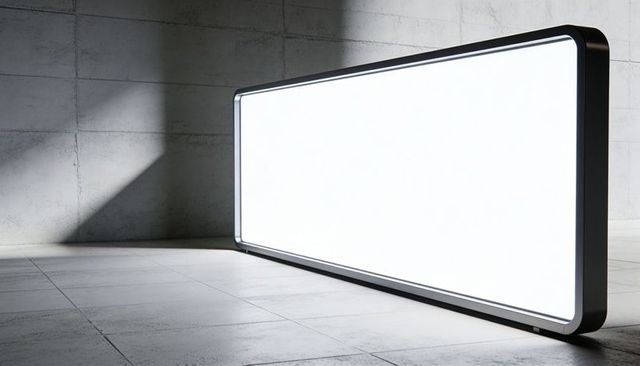 Illuminated led lightbox casting soft glow across industrial tiled floor minimalist showroom black-f
