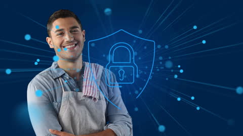 Smiling Chef Emphasizing Cybersecurity and Technology