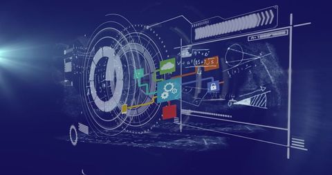 Digital Interface with Data Processing Elements on Blue Background