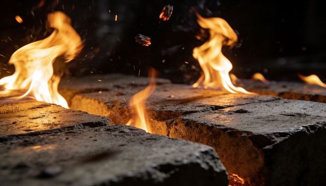 Crackling firebrick slabs releasing glowing embers and airborne sparks in furnace channel