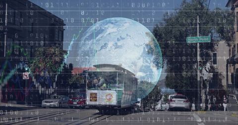 Vintage cable car crossing san francisco street featuring globe and binary data overlay