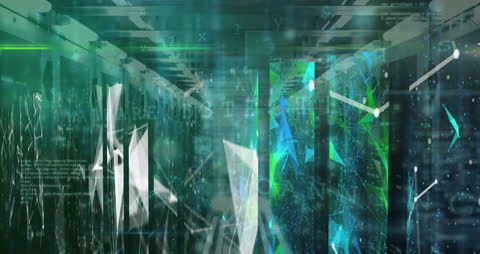 Data Flow Animation with High-Tech Server Room Background