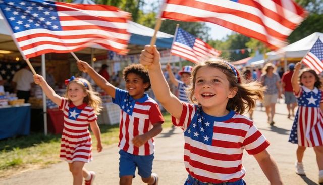 Children waving american flags at summer parade celebrating independence day and community