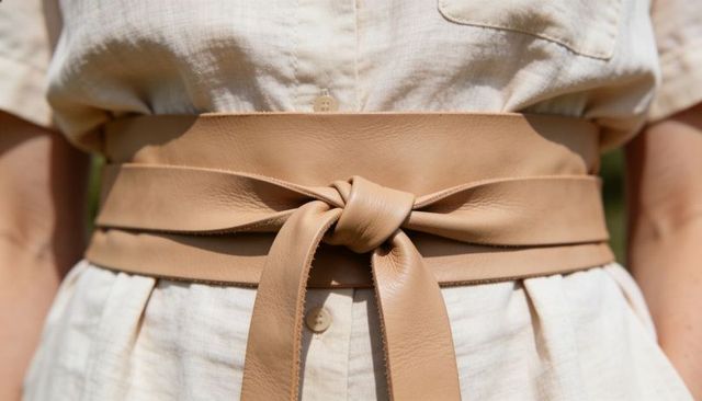Female wearing linen dress with tan leather obi-style sash knotted at waist