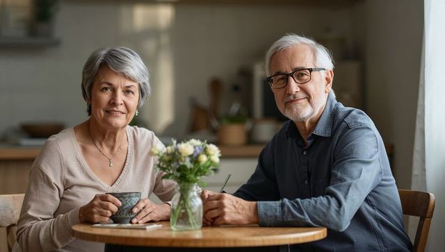 Senior couple enjoying morning coffee and conversation at home kitchen table