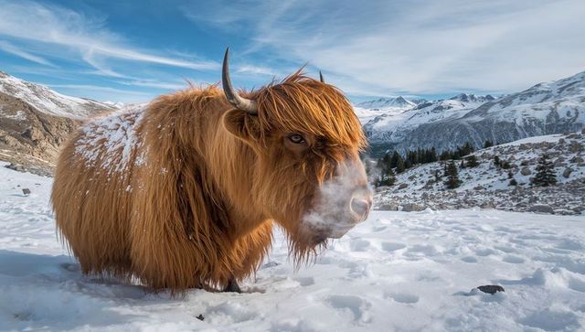 Shaggy highland cow exhaling breath on snowy alpine slope horned bovine winter portrait