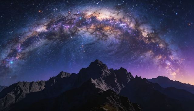 Arching milky way spanning starry sky above jagged mountain ridge at twilight