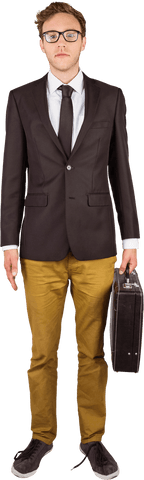 Transparent young geeky businessman holding briefcase