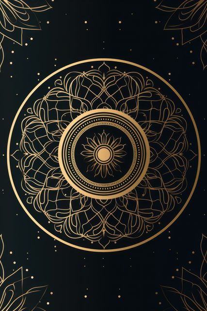 Gold mandala design on black background, created using generative ai technology. Colour, pattern, design, symbol and spirituality concept digitally generated image.