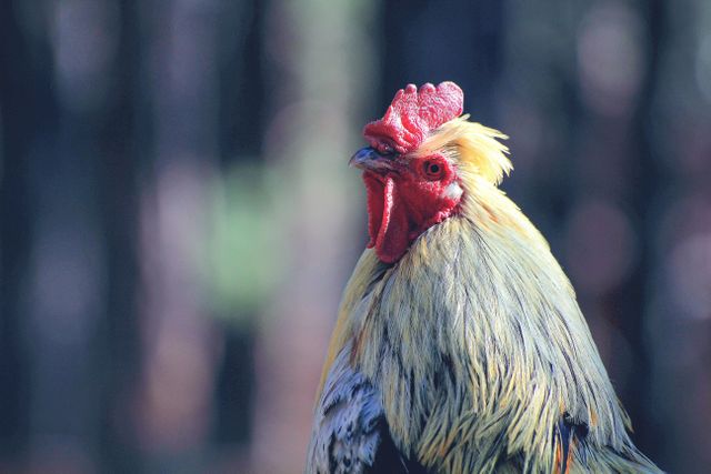 Rooster standing outdoors showcasing vibrant feathers in natural light; great for agricultural marketing, blog posts about farm life, educational material on poultry, visual content for rural lifestyle themes.