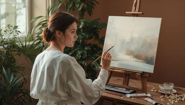 Young woman painting misty river landscape on easel in cozy sunlit home studio with plants