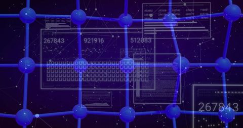 Glowing Blue Network Grid Connecting Shiny Nodes and Floating Data Panels for Tech Concept