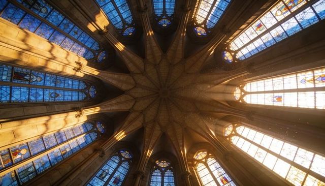 Gothic chapel ribbed vault and stained glass lancets casting amber and blue light